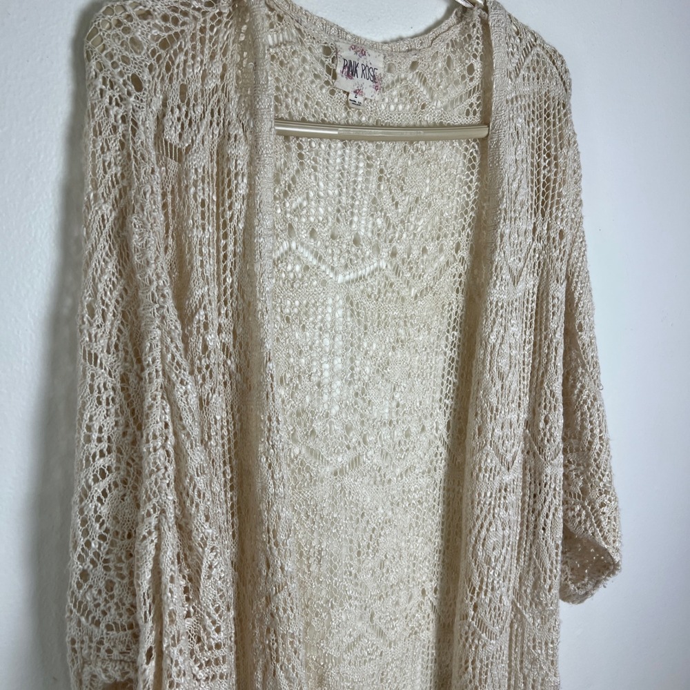 Crochet Pointelle Longline Cardigan Womens Large Cream Ivory Festival Boho Soft - Picture 9 of 14